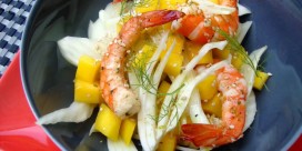 Salade de fenouil, mangue et crevettes rôties